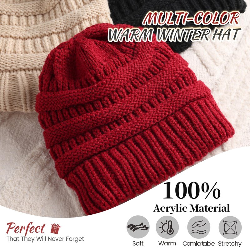 Ultrafun 3 Pack Satin Lined Beanie for Women, Slouchy Winter Hats with Silk Lined, Oversized Knit Warm Hat Skull Cap (Black, Beige, Red)