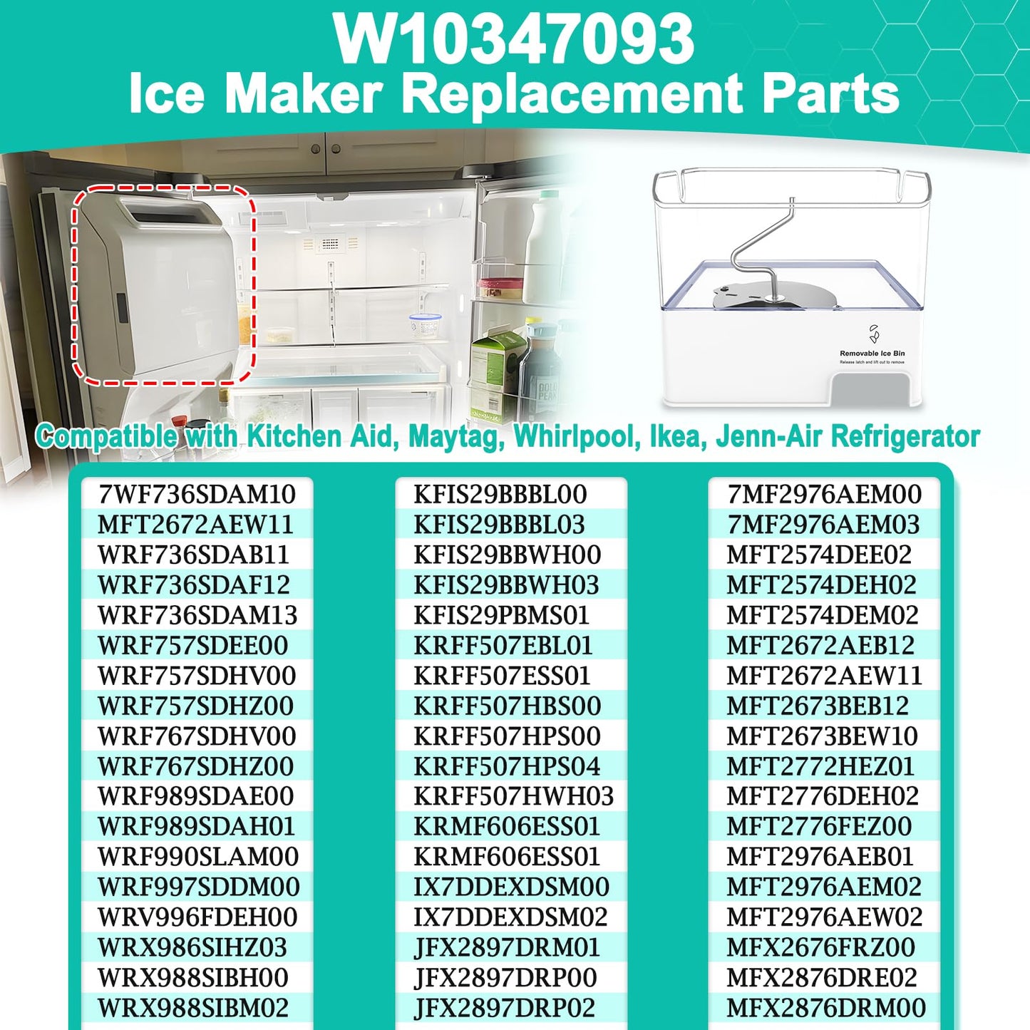 Upgraded W10347093 Removable Ice Bin Replacement for Whirlpool Refrigerator Ice Maker Parts WPW10347093 Ice Bucket fit WRF736SDAM13, WRF736SDAM14, Replace W10347100, AP6020018 Ice Container Assembly