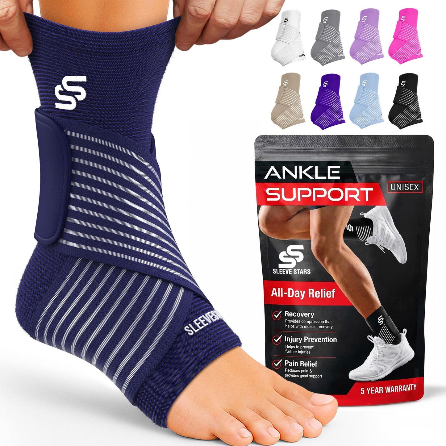 Sleeve Stars Ankle Brace for Women & Men, Ankle Wrap for Sprained Ankle, Compression Sleeve for Plantar Fasciitis Relief, Easy Customizable Support: w/Removable Strap (Pair/M:10"-12"/Navy Blue)