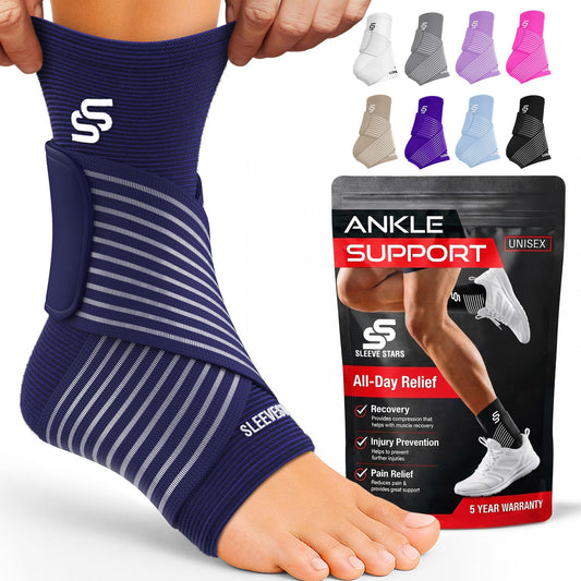 Sleeve Stars Ankle Brace for Women & Men, Ankle Wrap for Sprained Ankle, Compression Sleeve for Plantar Fasciitis Relief, Easy Customizable Support: w/Removable Strap (Pair/M:10"-12"/Navy Blue)