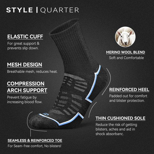 Socks Daze 3 Pack Men's Thin Quarter Merino Wool Running Socks Women Moisture Wicking Knit Gym Fitness Wool Dess Socks with Light Cushioned Sole, Large, Dark Grey