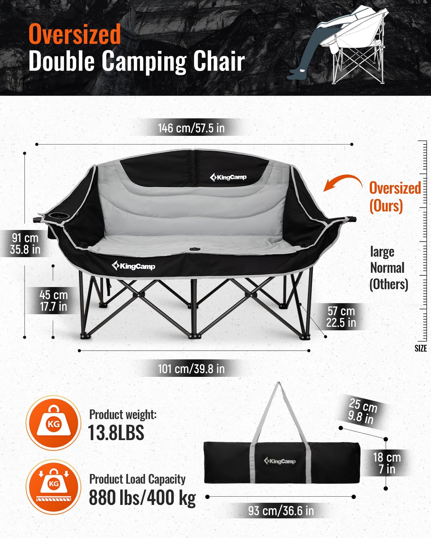 KingCamp Oversized Double Camping Chair, Heavy Duty 880lbs with Padded Seat & Cup Holders, 2 Person Loveseat Perfect for Outdoor Sports Family and Couples, Ideal for Lawn and Backyard, Black/Grey