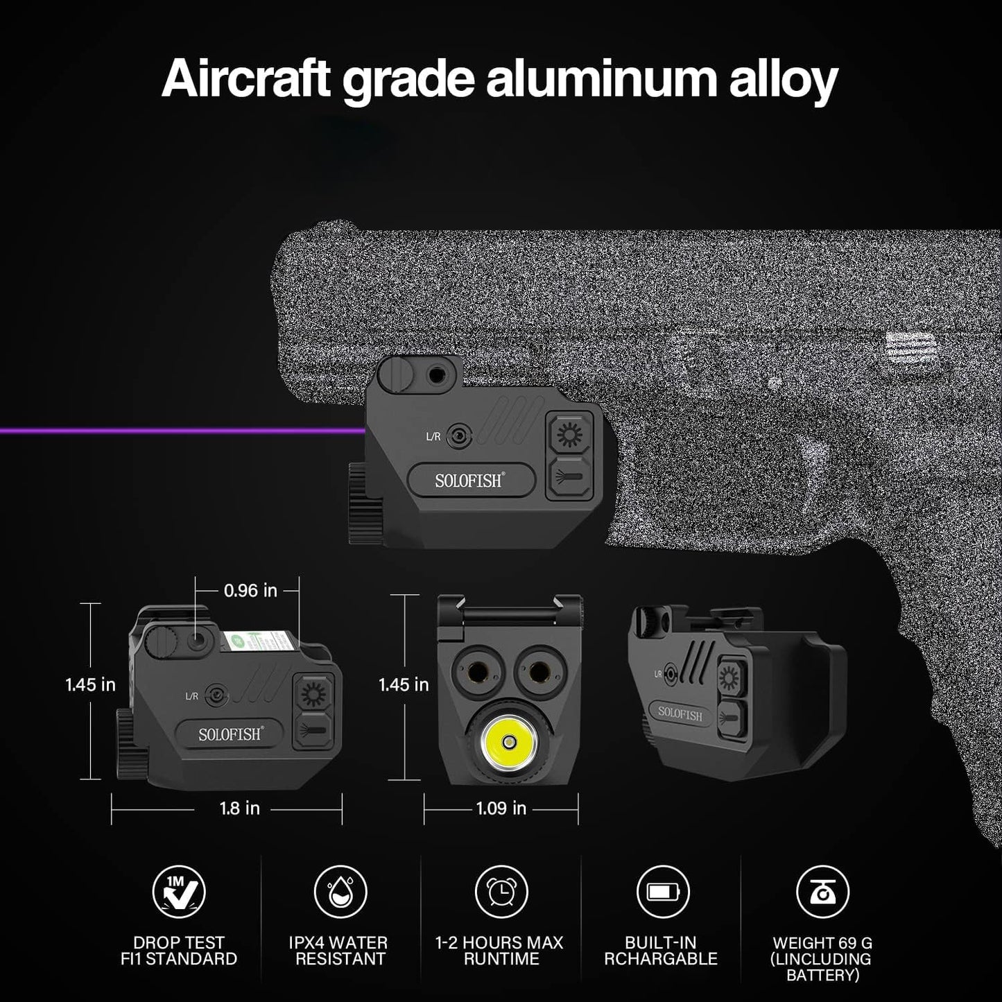 SOLOFISH 500 Lumens Pistol Light with Purple Green Laser Sight and Strobe Tactical Flashlight Combo, Weapon Light and Beams for Guns/Handguns W/a Rail