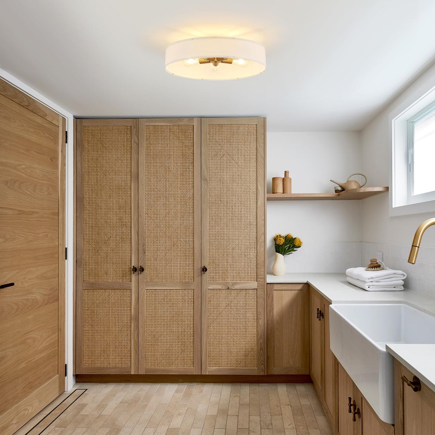 VILUXY Gold Semi-Flush Mount Ceiling Light Fixture with 24" Large White Fabric Drum Shade 5-Light for Bedroom Dining Room Entryway Round Ceiling Lamps