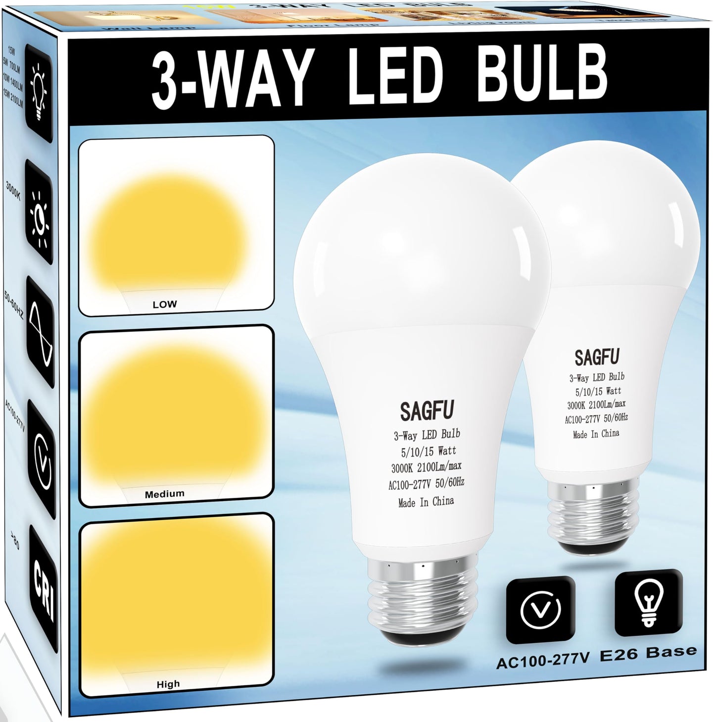 SAGFU 2-Pack 3 Way Light Bulbs 50 100 150 W Equivalent Soft White 3000K,5W 10W 15W,A19, Three Way Light Bulbs 700 1400 2100Lm, E26 Medium Base for Reading Bedroom Living Room Study 3