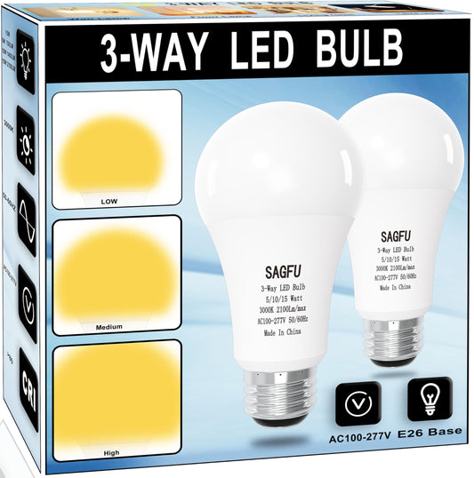 SAGFU 2-Pack 3 Way Light Bulbs 50 100 150 W Equivalent Soft White 3000K,5W 10W 15W,A19, Three Way Light Bulbs 700 1400 2100Lm, E26 Medium Base for Reading Bedroom Living Room Study 3