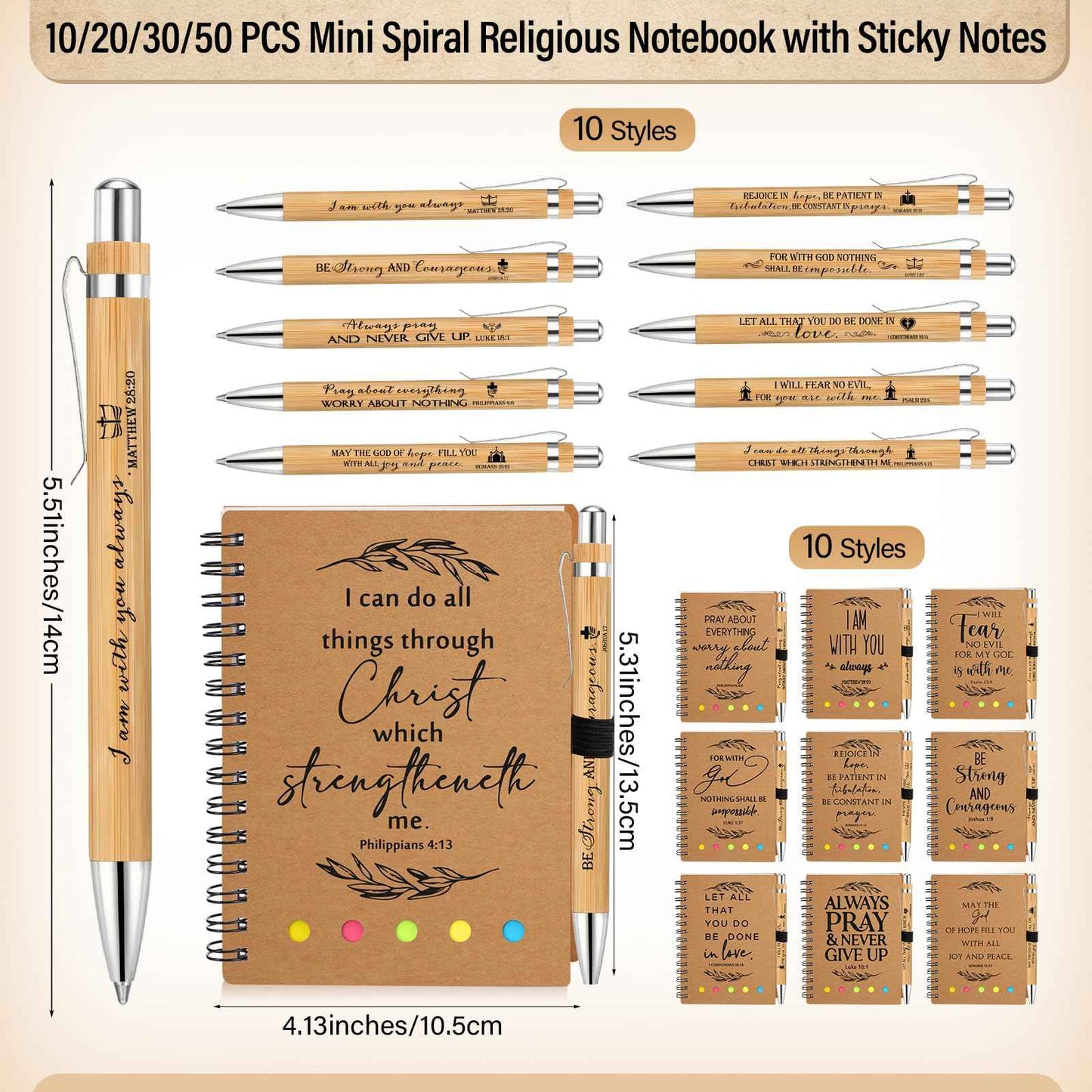 Spakon 20 Set Christian Gifts Bulk Church Gifts Religious Notebook Spiral Bible Verse Bamboo Pens Mini Bible Study Journal for Sunday School Employee Coworker Men Women (Brown)