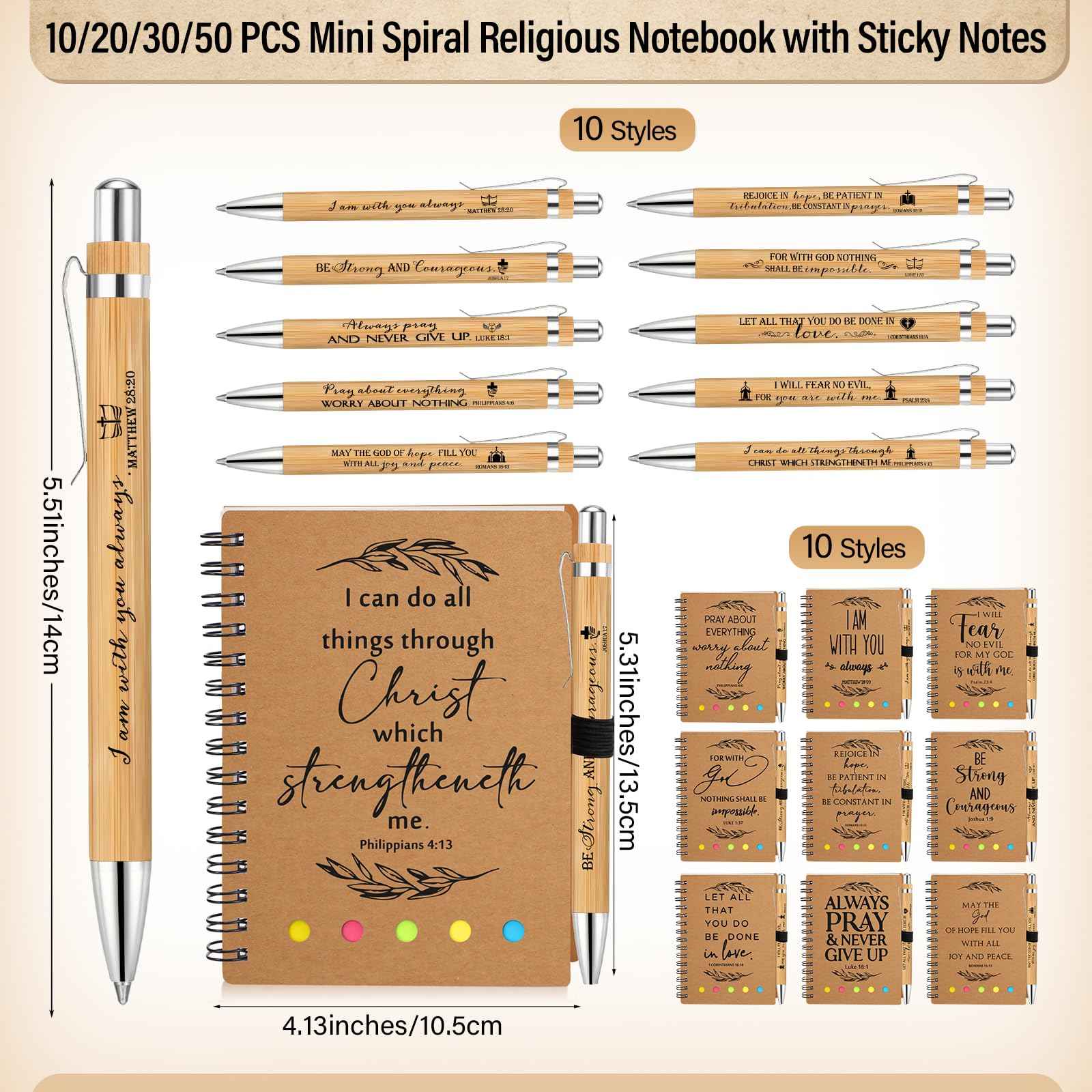 Spakon 20 Set Christian Gifts Bulk Church Gifts Religious Notebook Spiral Bible Verse Bamboo Pens Mini Bible Study Journal for Sunday School Employee Coworker Men Women (Brown)