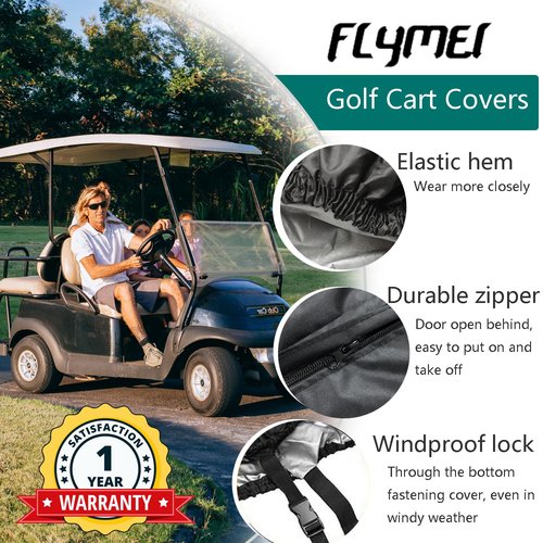 FLYMEI 4 Passenger Golf Cart Cover, Waterproof, Dustproof, Black, 112'' L x 48'' W x 66'' H, Fits Most Standard 4 Passenger Golf Carts, EZ GO, Club Car, Yamaha