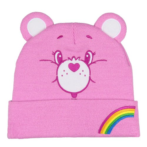 Care Bears Embroidered Face and Belly Badges with 3D Ears Cuff Knit Adult Beanie- 4 Styles Available Grumpy, Share, Cheer, Funshine (Cheer Bear)