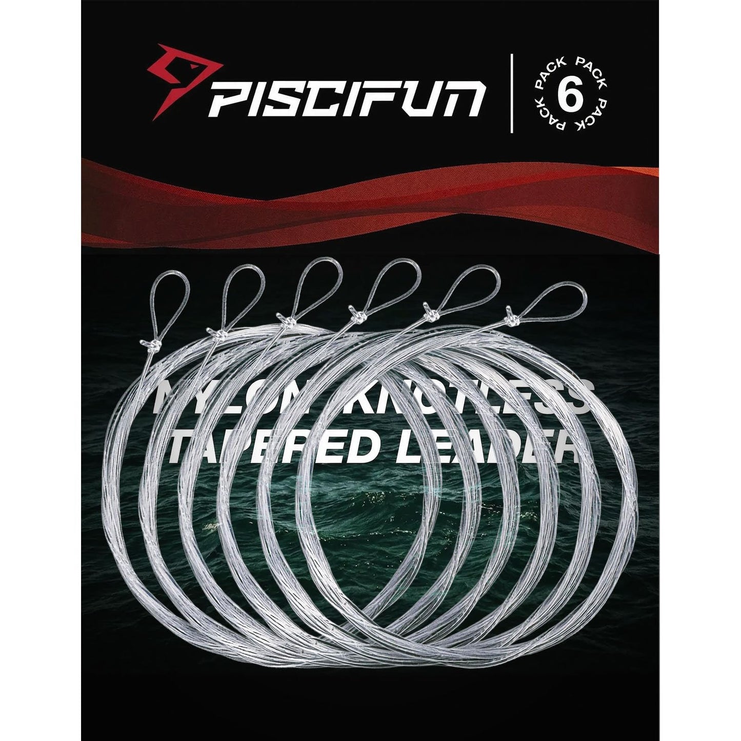 Piscifun Fly Fishing Leader with Pre-Tied Loop, Tapered Fly Line Leader, Nylon, Clear, 12ft, 6 Pack, 4X