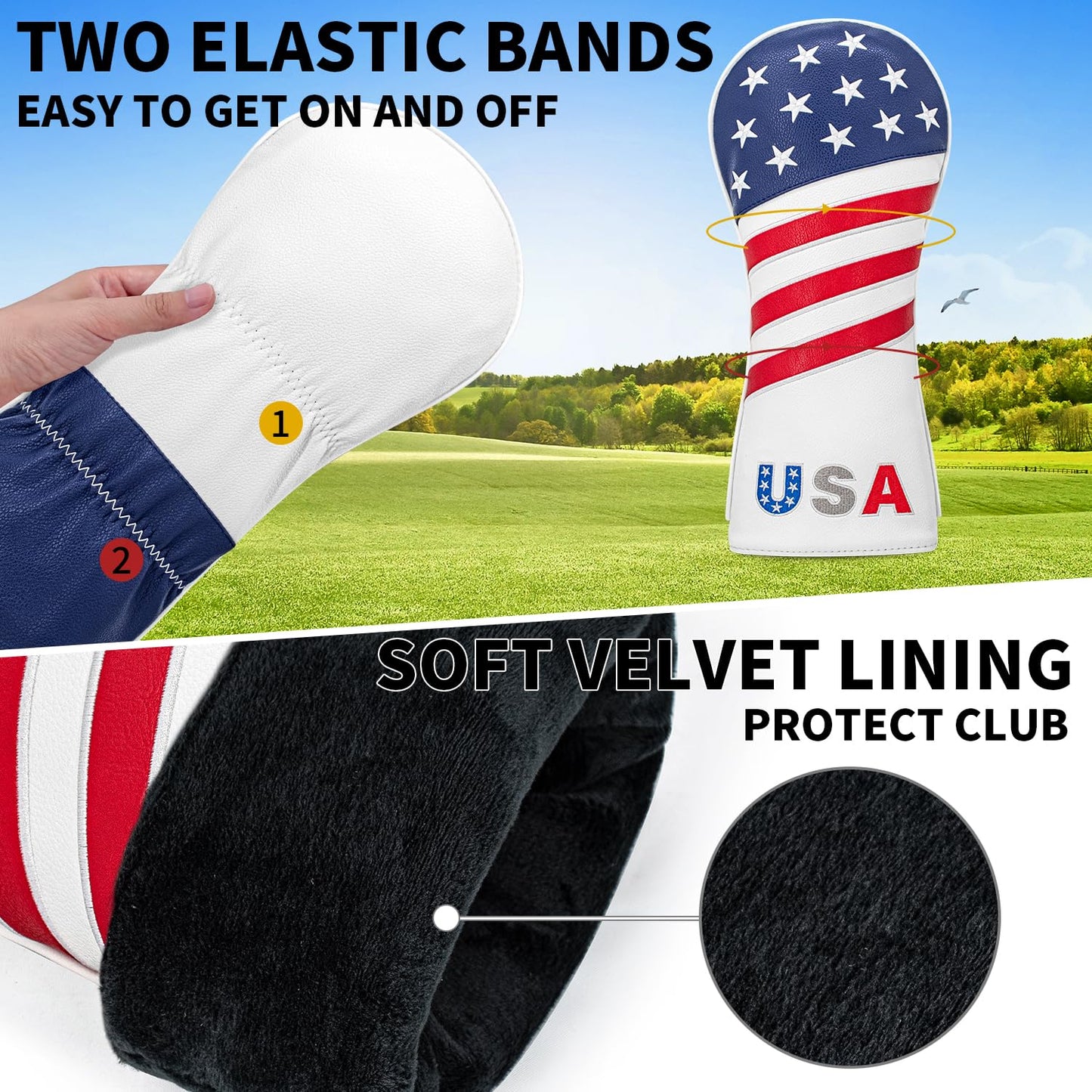 Golf American Style Head Cover Golf Club Blue and White Leather Headcovers Set Fits Driver Fairway Wood Hybrid Utility Putter Iron Wedge Headcover. (Driver)