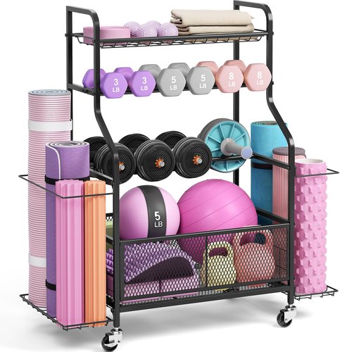 Dumbbell Rack, Weight Storage Rack for Home Gym with Wheels, Holds Yoga Mats, Kettlebells & Strength Training Equipment, Black