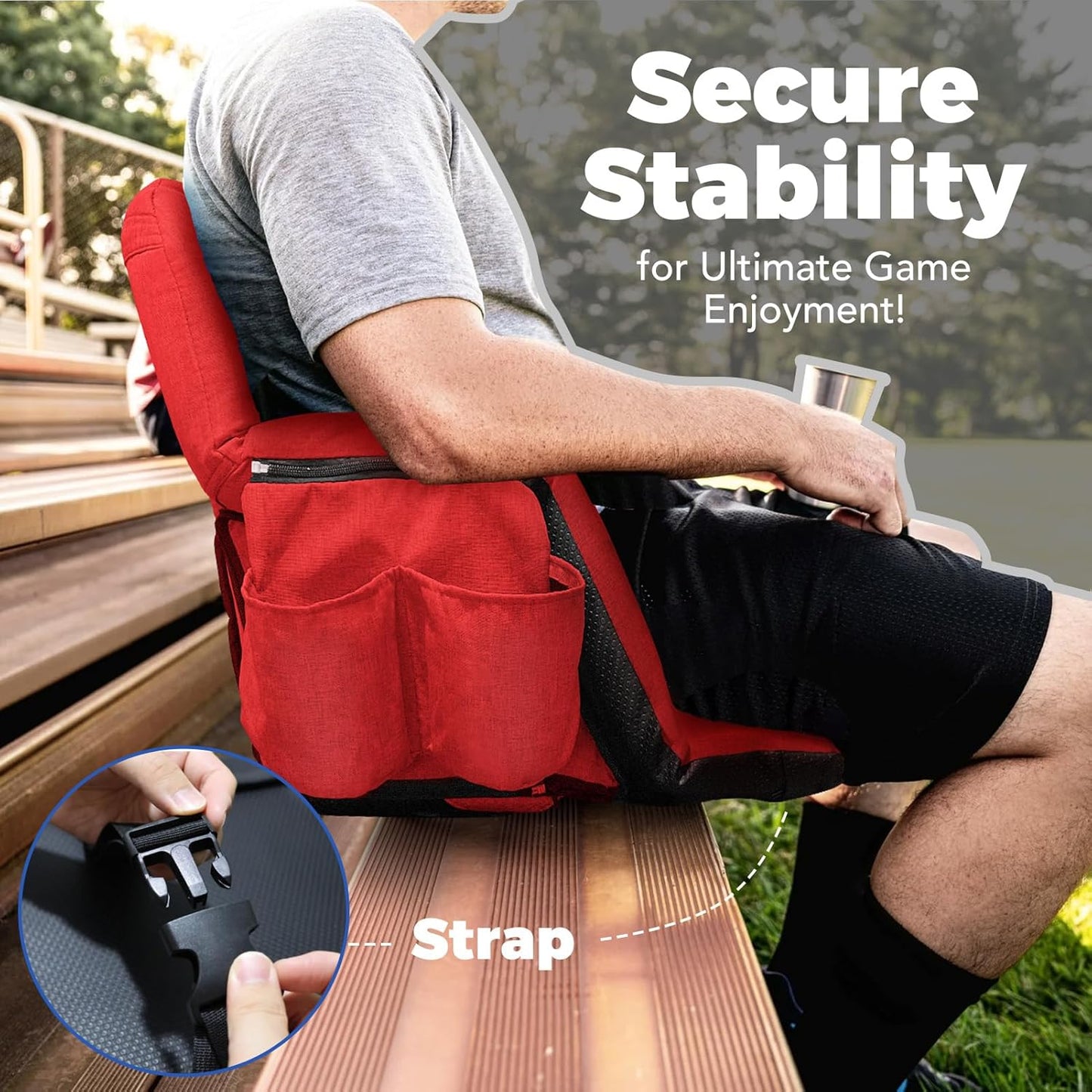 Skiennix Wide Stadium Seats - Extra Thick Bleacher Chairs With Back Support & Cushion | 6 Reclining Positions, Red (22.5")