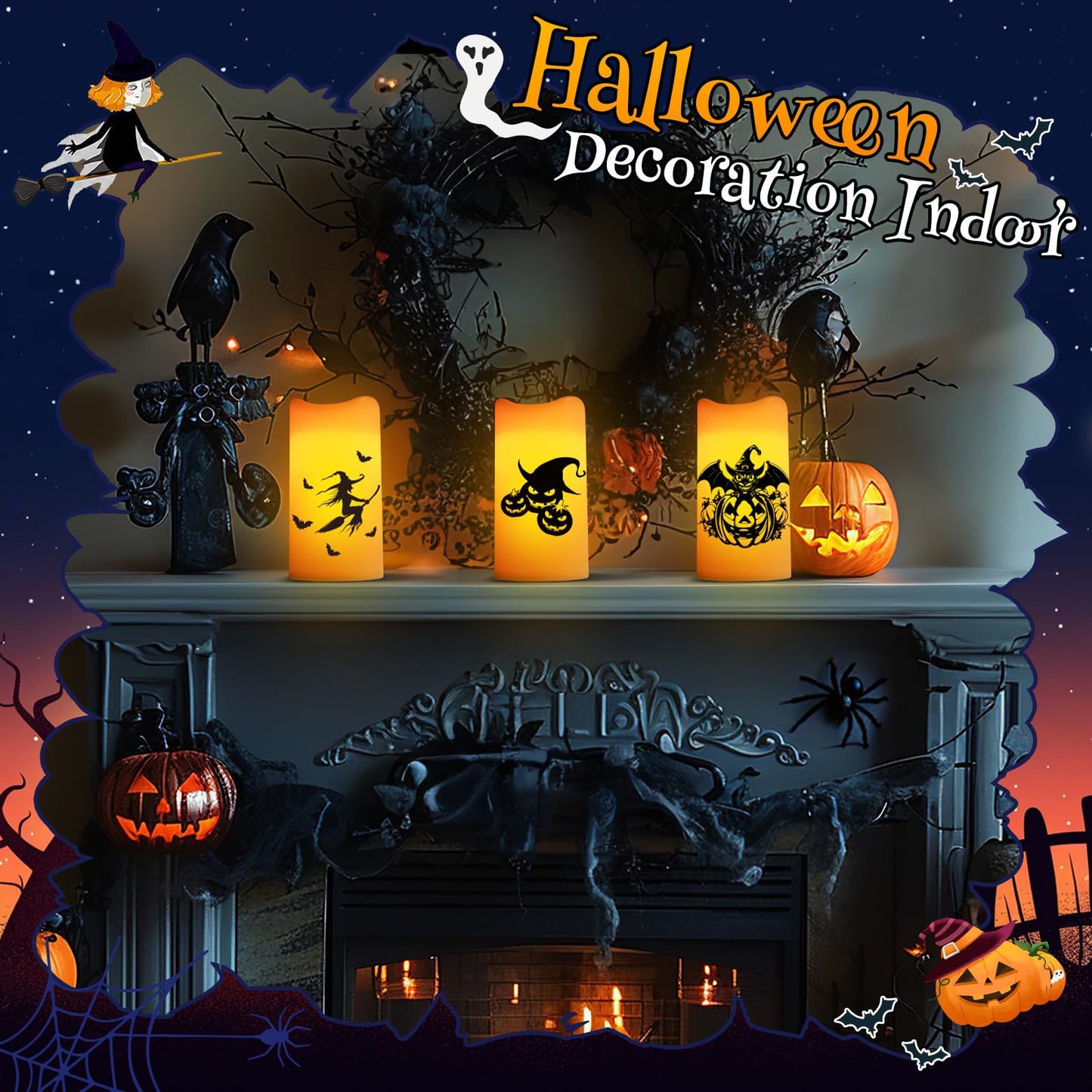 Halloween Decorations Indoor Flameless Candles Flickering Lights with Skull Spider Webs Crow Pumpkins Bats Witch, 6 Hrs Timer for Home Window Mantel 3 Pack