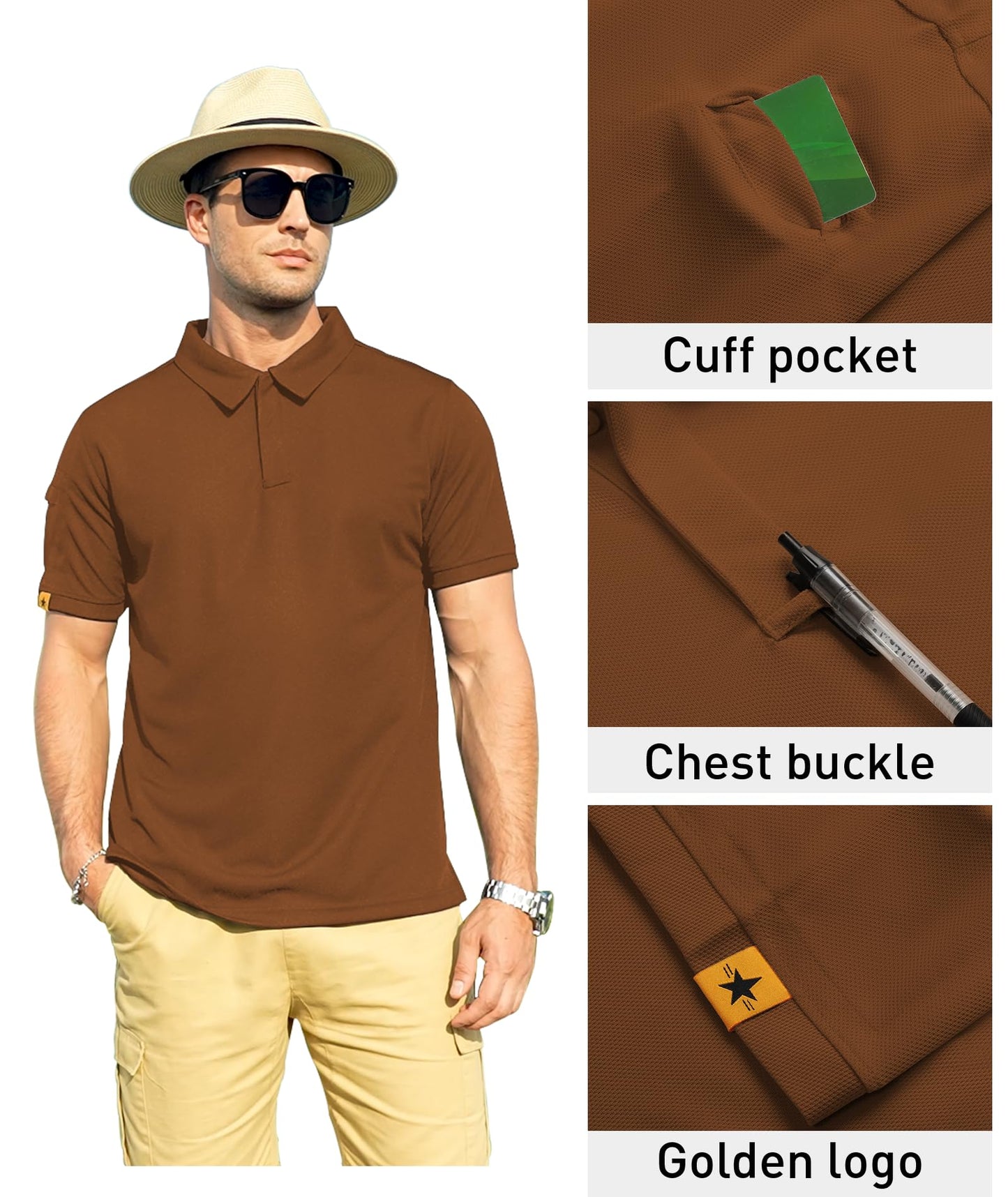 ZITY Mens Polo Shirt Short Sleeve Sports Tactical T-Shirt Athletic Golf Polos Daily Casual Stylish Collared Shirts for Men Light Brown Medium