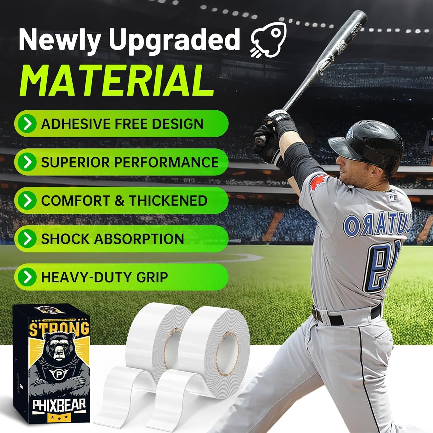 PHIXBEAR Baseball Bat Grip Tape - 1.1mm Enhanced Self-Fusing Silicone for Reliable Traction & Shock Absorption