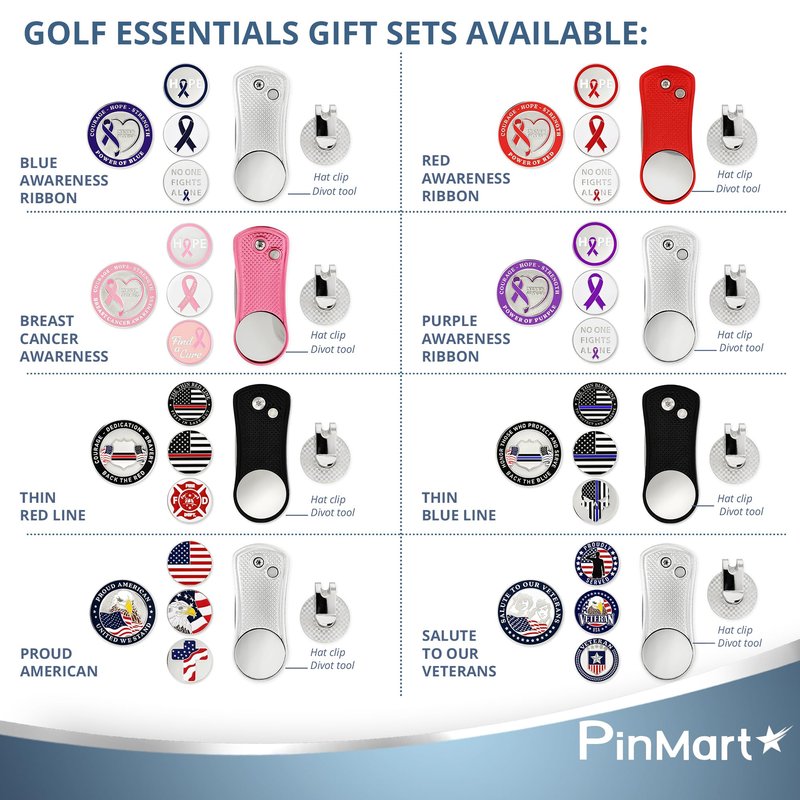 PinMart's Thin Blue Line Flag Golf Essentials Gift Set, Golf Divot Tool, Hat Clip, Magnetic Ball Markers, Large Ball Marker with Presentation Box - Gifts and Accessories for Men and Women