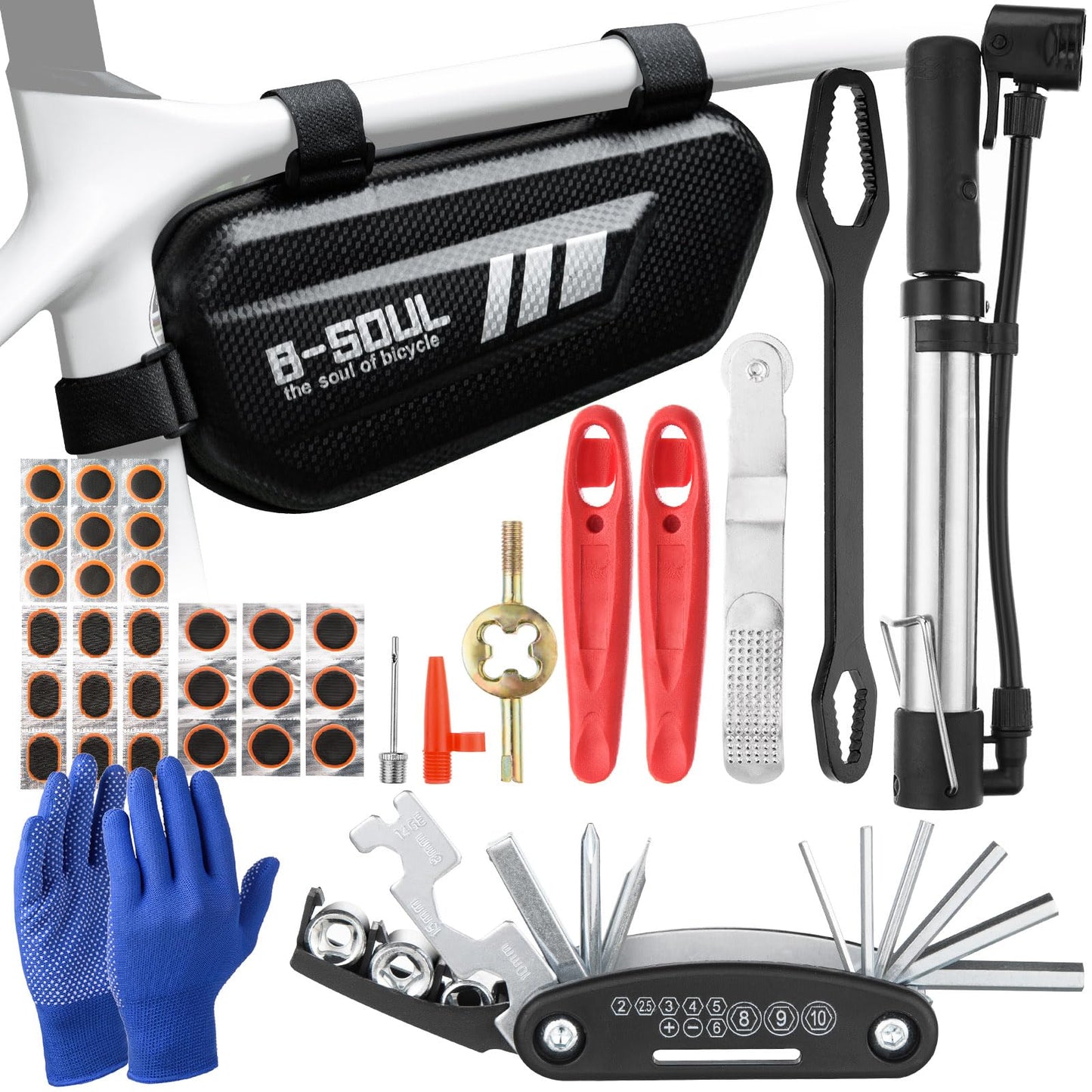 Complete Bike Repair Kit with Waterproof Bag & Stable Foot-Peg Tire Pump | Essential Bicycle Tool, Patch Kit & Multi Tool for Road, Mountain Bike Emergency Roadside Maintenance