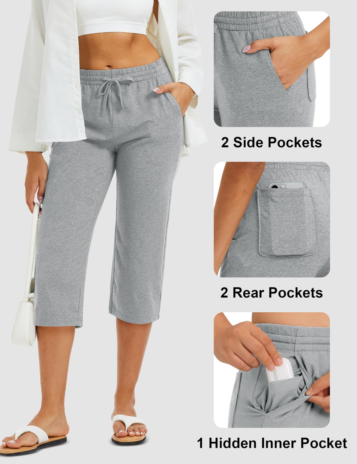 MAGCOMSEN Women's Cotton Capri Pants with 5 Pockets Stretch Summer Capris Yoga Workout Athletic Sweatpants Spandex Light Grey M