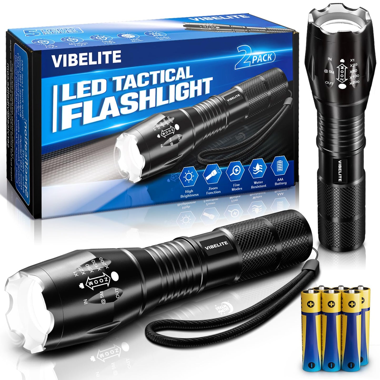 LED Flashlight High Lumens, 5 Modes Zoomable Waterproof Tactical Flashlight for Hiking, Camping Emergency, Fathers Day Dad Gifts, Cool Gadget Birthday Gifts for Husband, Dad, Men, Women, Him, 2 Pack