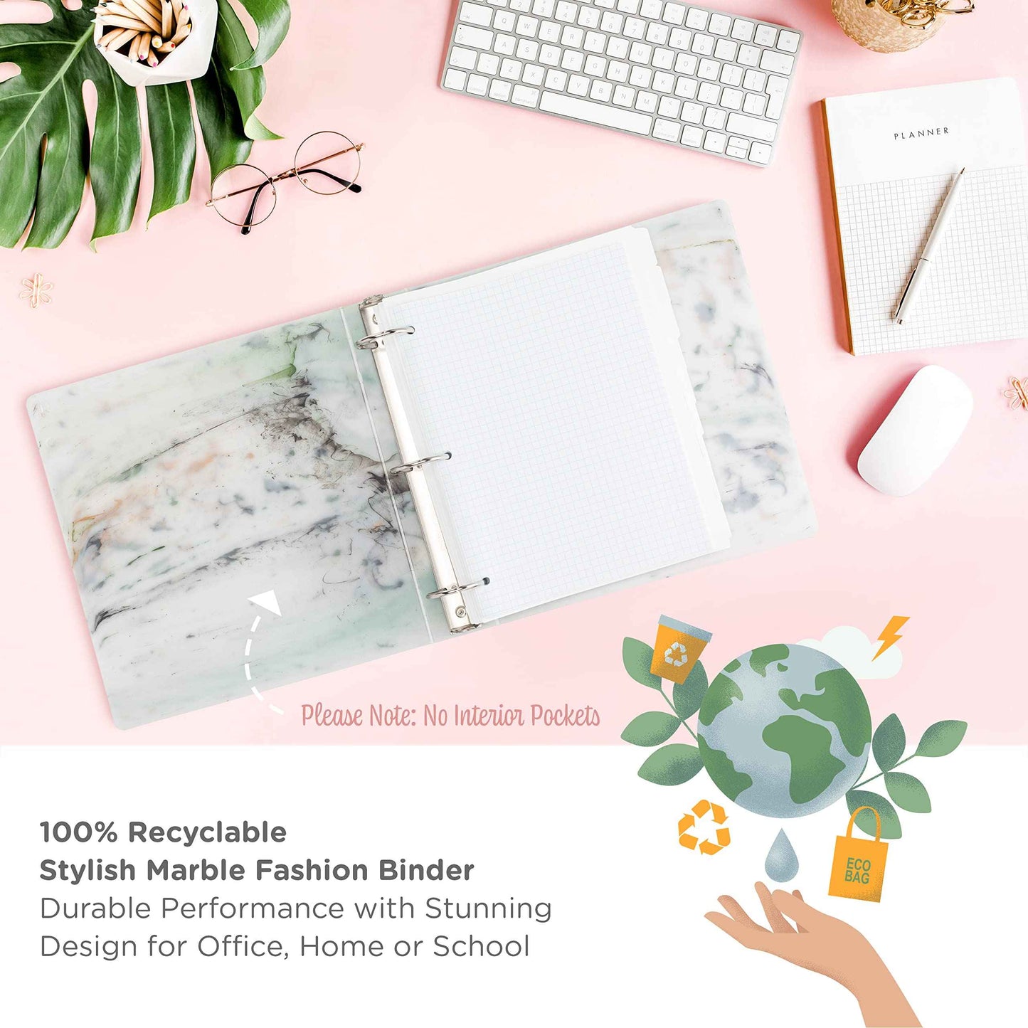 Carstens Limited Edition 2-Inch Green Marble Heavy Duty 3-Ring Binder – Side Opening, Waterproof, Durable Plastic, No-Gap Rings, Holds 300 Sheets, BPA-Free, Made in USA (2843-3R)