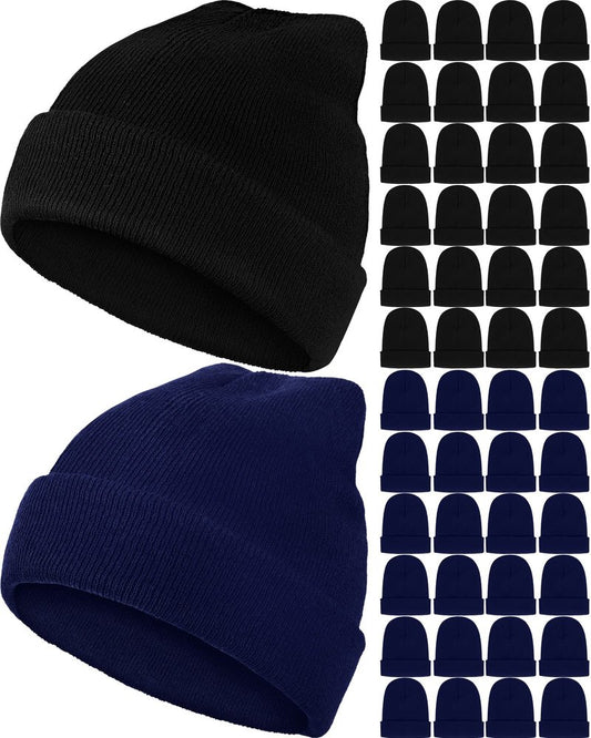 Jecery 50 Pack Winter Beanies Hats Bulk for Homeless Unisex Cold Weather Stretch Caps Warm Knitted Cuffed Hats for Women Men(Mixed Colors)