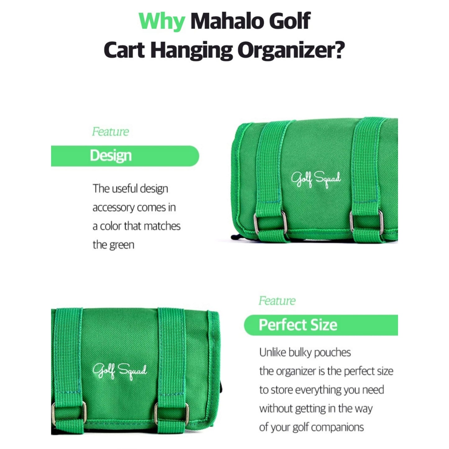 mahalo squad Cart Hanging Golf Bag Organizer, Gifts for Men & Women, Club Accessories Holder for Ball, Tee, Valuables, Glove, Marker Set, Divot Tool, Small Shag Pouch with Zipper Case