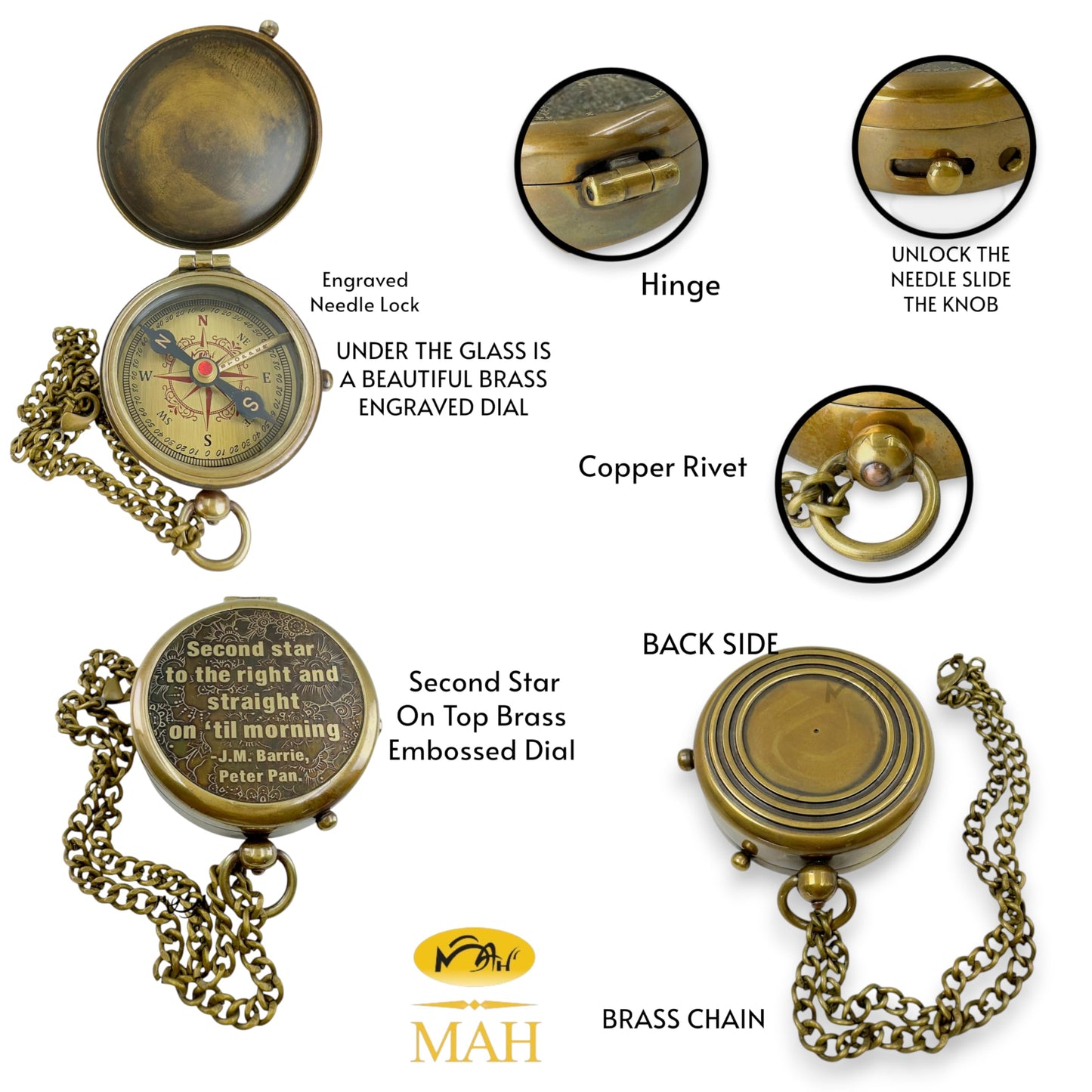 Brass Compass with “Second Star to the Right” Embossed Dial – Inspirational Pocket Compass Gift for Son, Daughter, or Friend | Motivational Keepsake for Graduation, Birthday, Christmas, or Travel gift