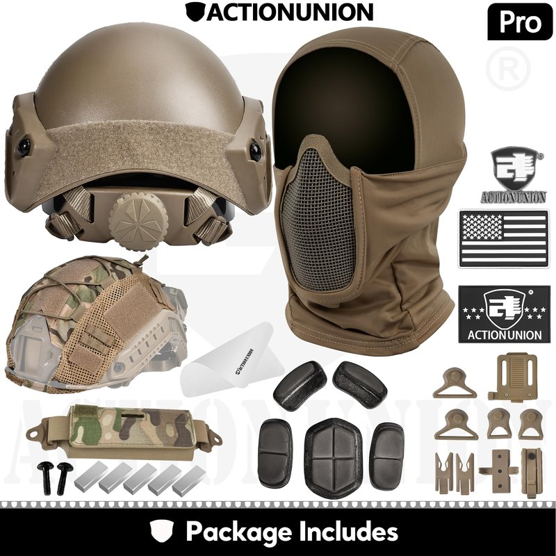 ACTIONUNION Airsoft Helmet and Mask Pro Set Tactical Paintball Helmet and Balaclava Mesh Mask MH Type with Counterweight (Tan, Medium)
