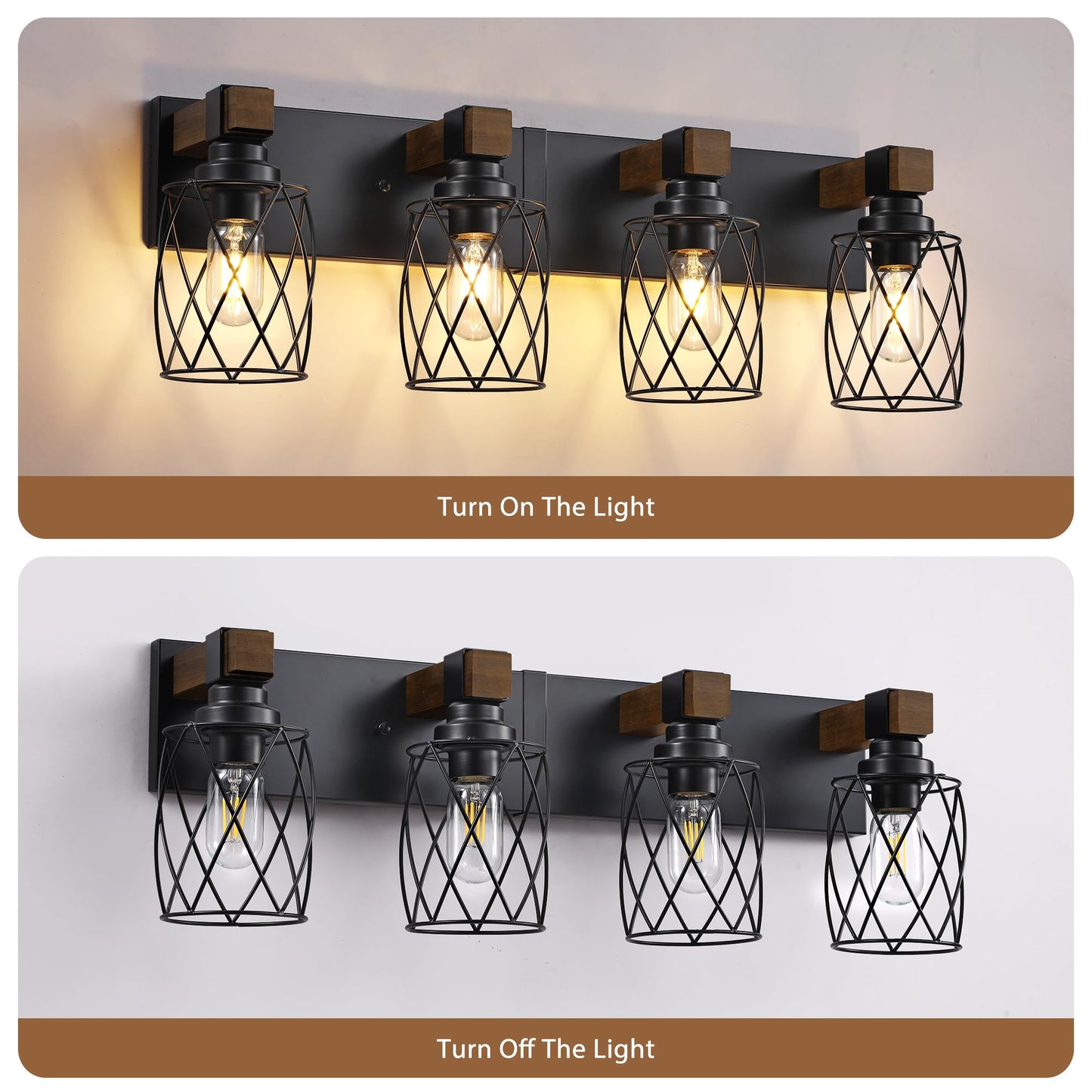 XvmBvm Farmhouse Bathroom Vanity Light, 4-Light Wood Bathroom Light Fixtures Over Mirror, Black Industrial Vanity Lights with Metal Shade, Rustic Bathrooms Lighting for Living Room, Bedrooms, Hallway