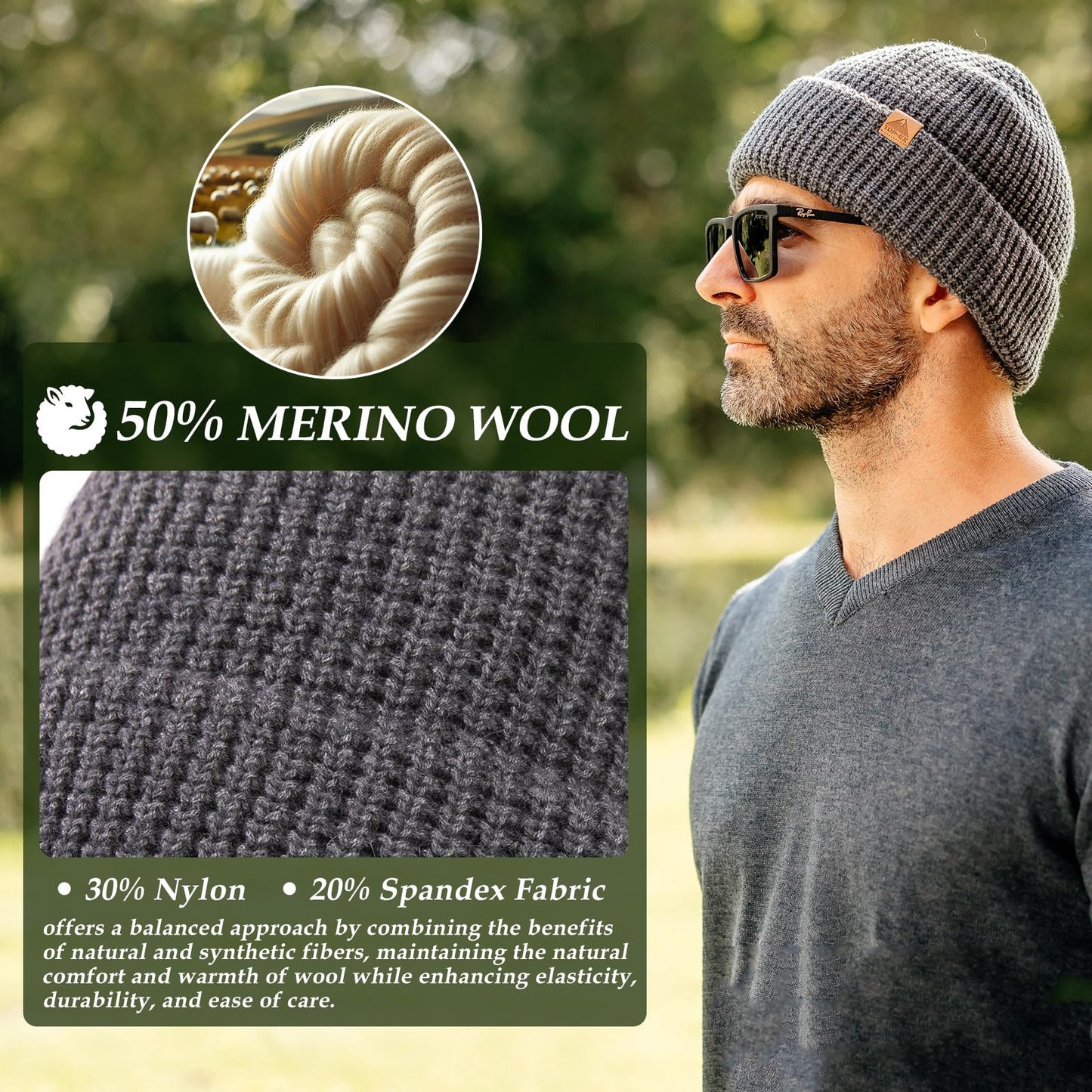 Mens Womens Oversized XL/XXL Winter Waffle Beanie Merino Wool Blend Knit Skull Watch Cap for Extra Large Big Heads Fisherman Warm Hat Cold-Weather Grey