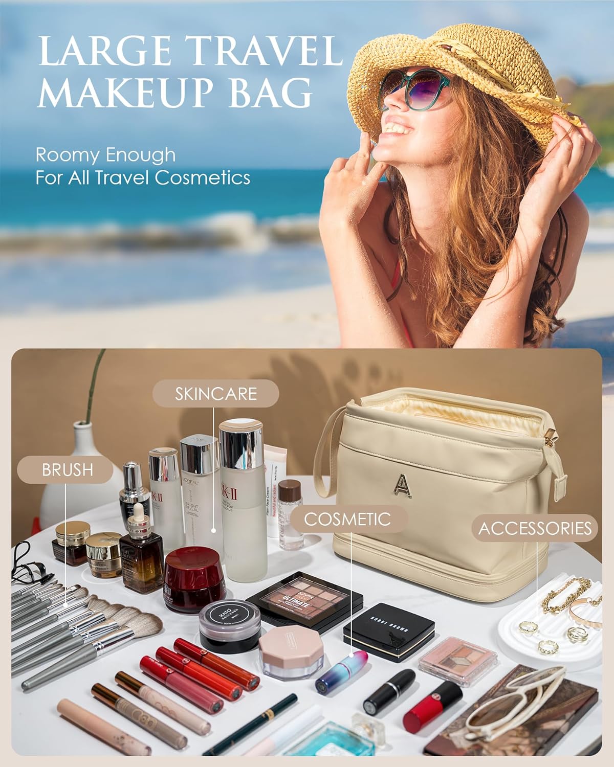 Skiennix Bridesmaid Proposal Makeup Bag - Personalized Double Layer Cosmetic Organizer | Large Capacity PU Leather