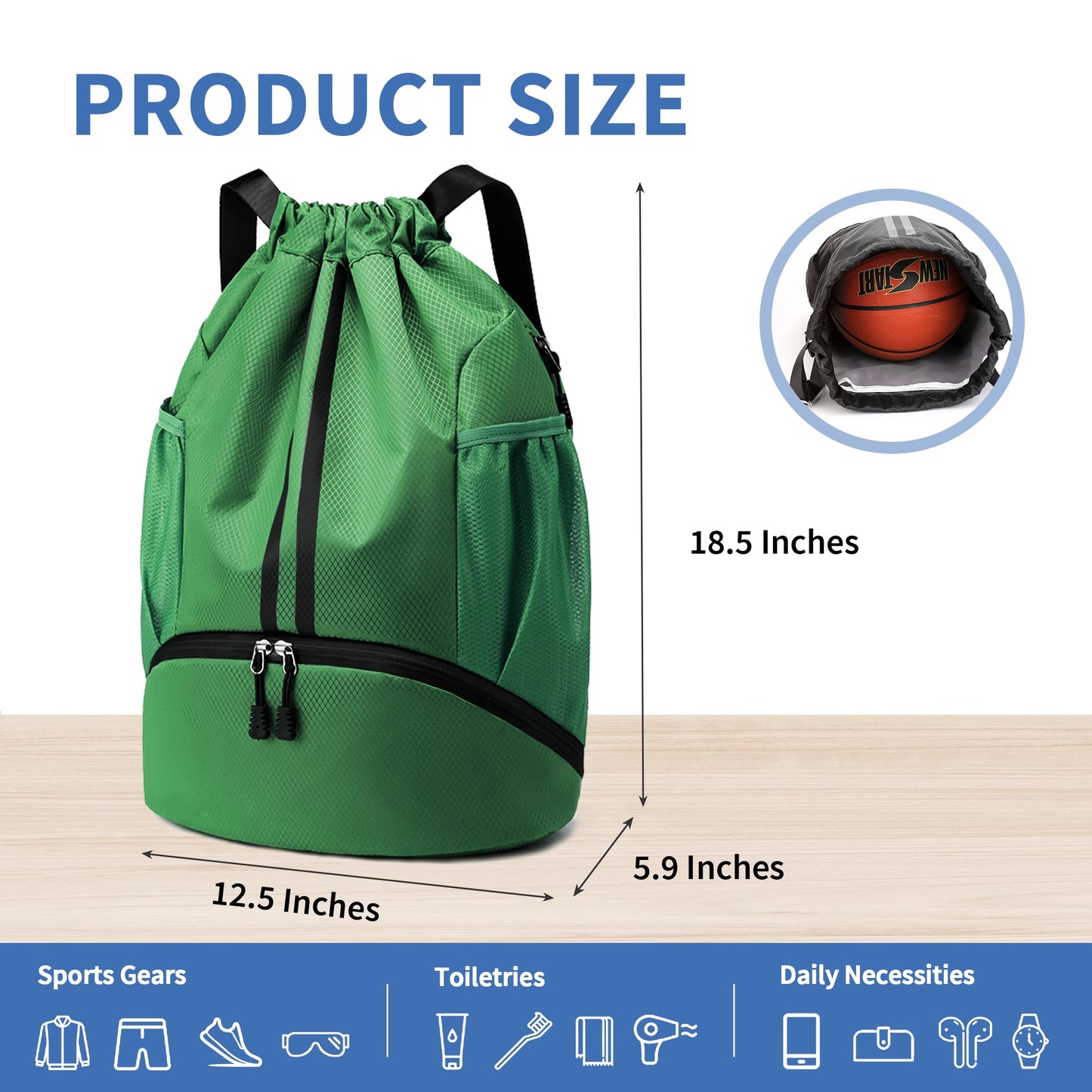 JELUTAR Drawstring Backpack Gym Bag with Shoes Compartment for Soccer, Basketball, Swim, Water-Resistant String Backpack Beach Cinch for Women Men, Dark Green