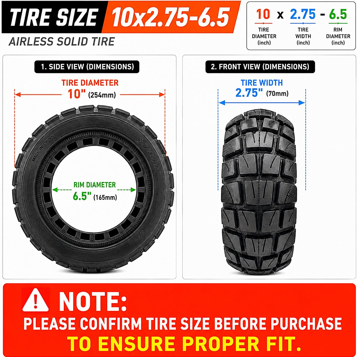 10x2.75-6.5 Solid Electric Scooter Tires – Fit On 10x2.70-6.5 & 70/65-6.6 Size Flat-Free Airless & Reliable - Off-Road (2 Pieces)
