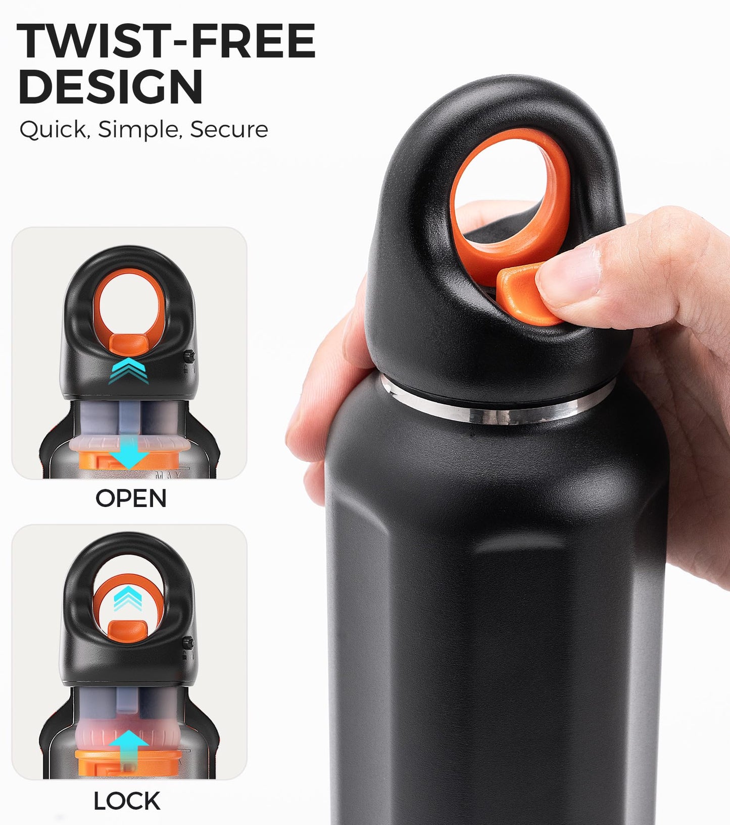 TakeToday 20oz Insulated Water Bottle with One-Touch Chug Lid, Leakproof, Keeps Cold 36H, Stainless Steel Double-Wall Vacuum Thermos for Gym, Hiking & Outdoor, Black