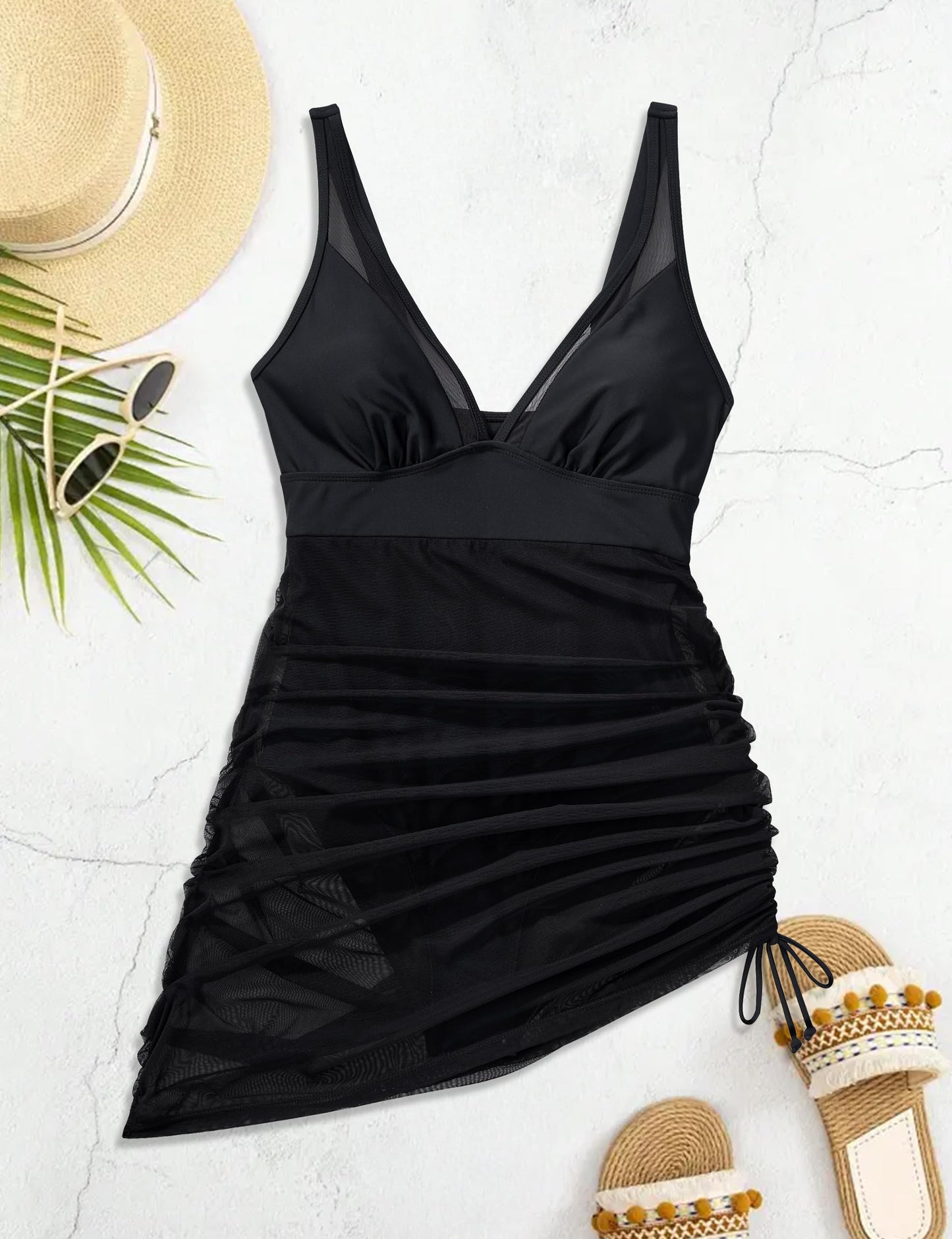 SUUKSESS Women Sexy Mesh One Piece Swim Dress Slimming Tummy Control Swimsuit Push Up High Waisted Bathing Suit (Black,L)
