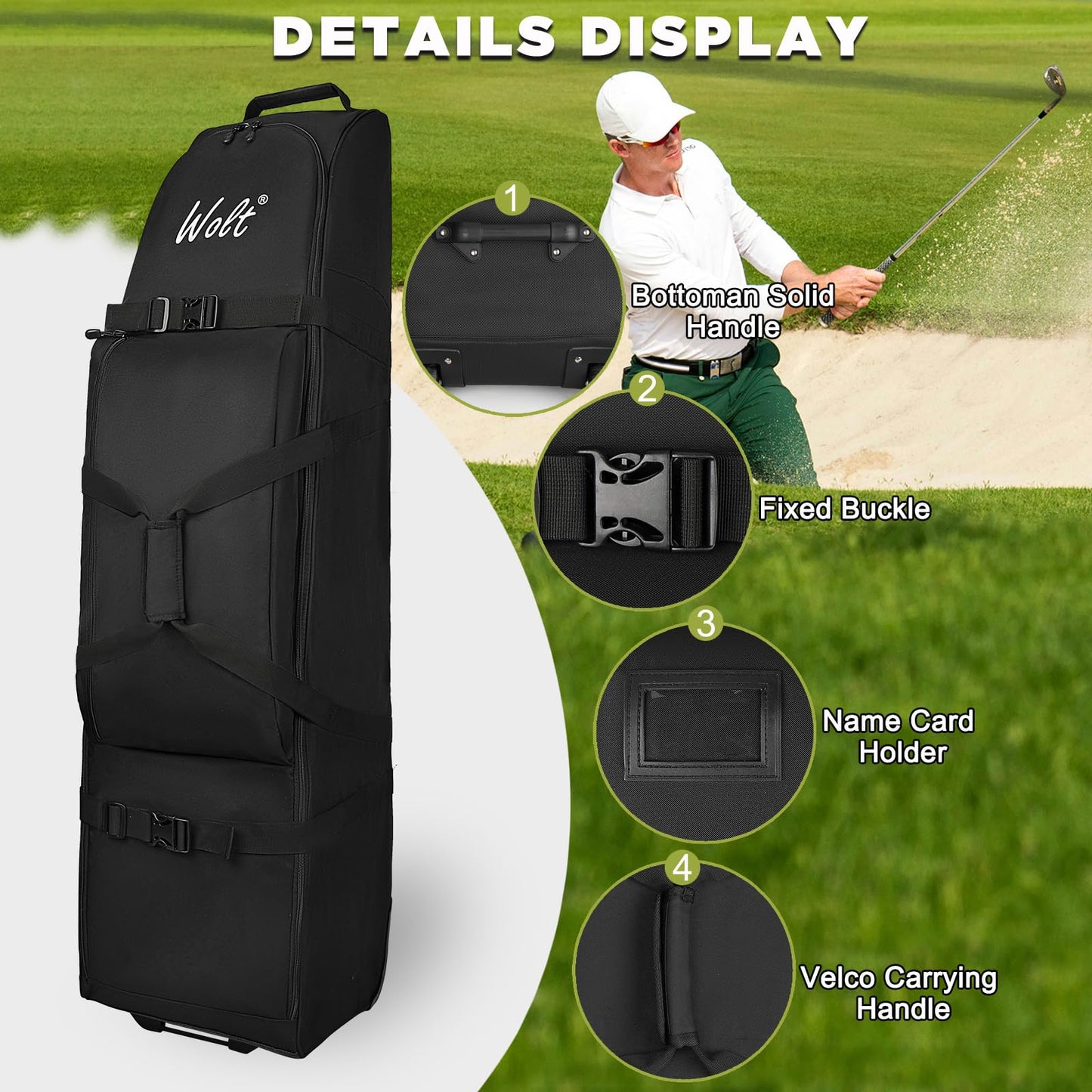 Wolt | Golf Travel Bag with Anti-Impact Support System - Soft Padded Golf Travel Case for Airlines, 900D Heavy Duty Oxford Fabric Golf Travel Cover with Wheels (Black)
