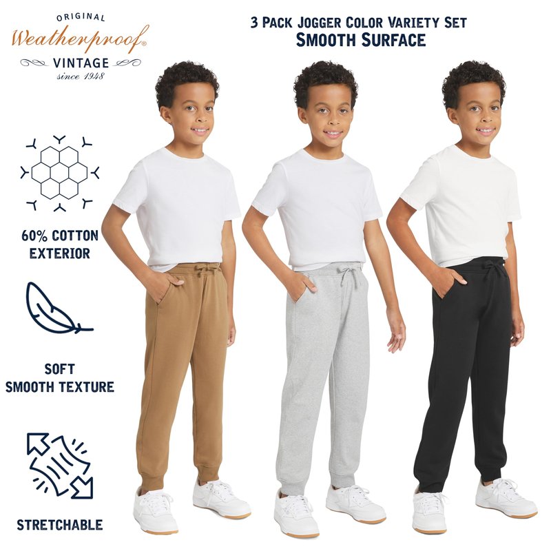 Weatherproof Vintage Boys' 3 Pack Variety Midweight Super Soft Fleece Lined Stretchable Jogger Pants, Tan Grey Black Set, X-Large