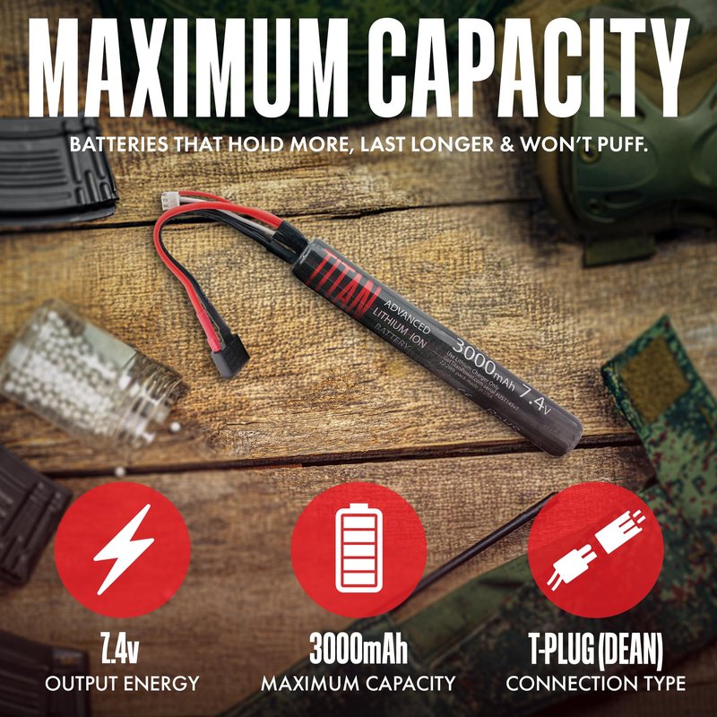 Titan Lithium-Ion Airsoft Battery | 3000mAh 11.1v Stick T-Plug | Maximum Capacity & Performance 11.1 Volt Airsoft Gun Battery