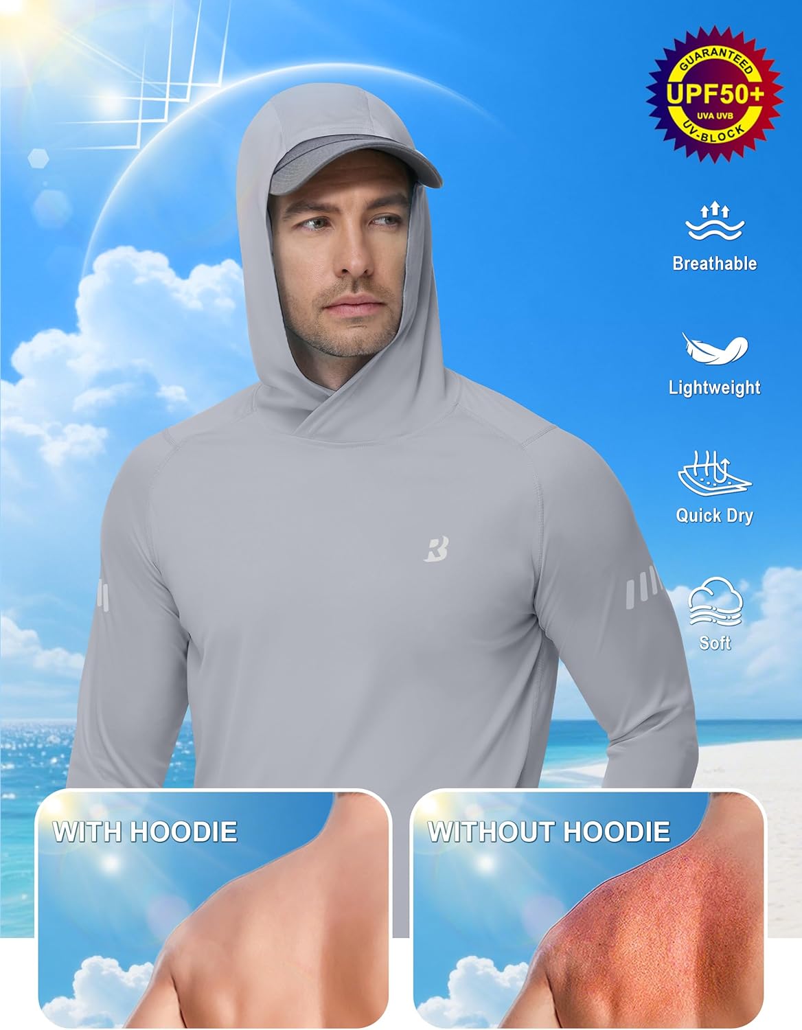 Roadbox Men's UPF 50+ Sun Protection Hoodie - Lightweight UV Long Sleeve Fishing Shirt for Outdoor Activities