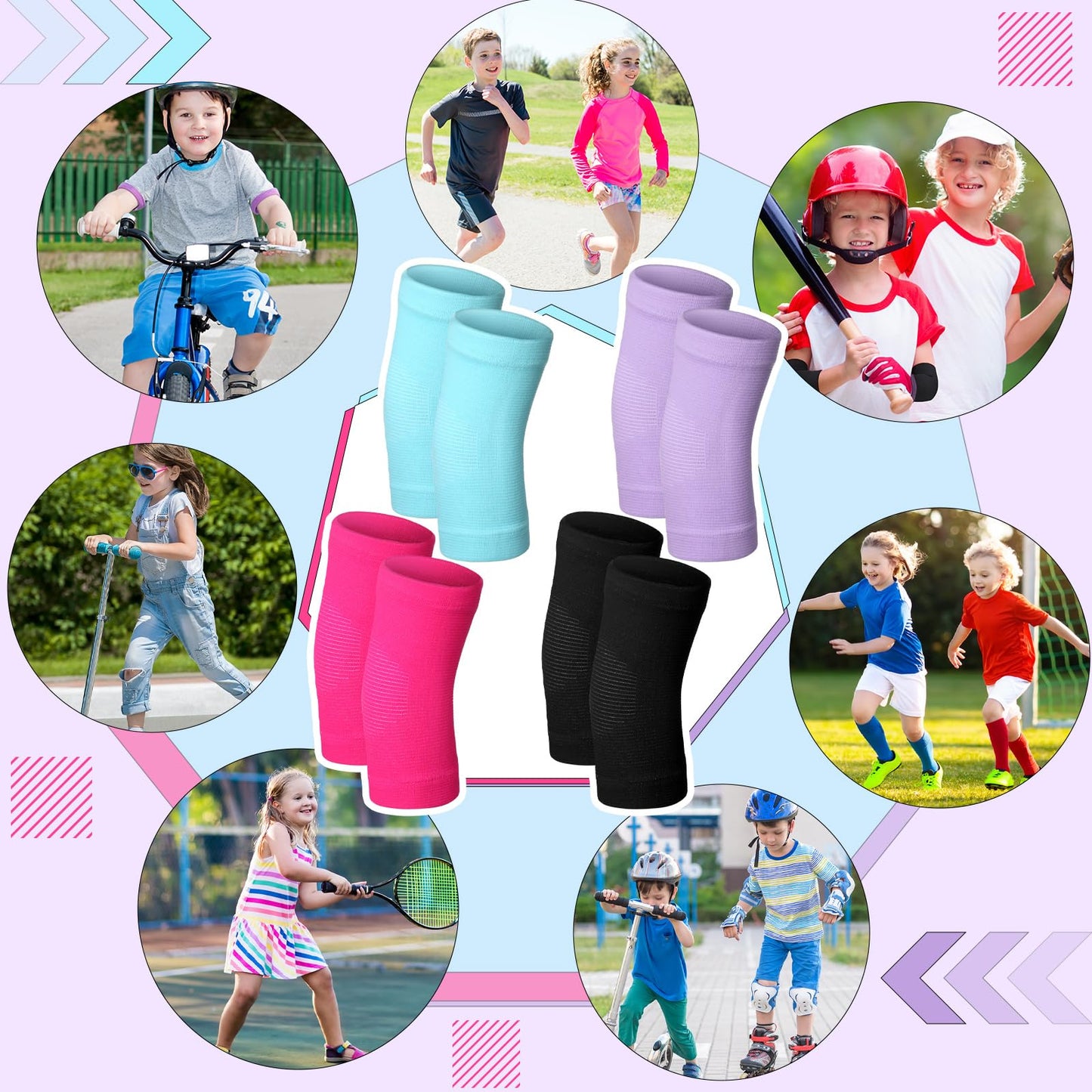 Lenwen 4 Pairs Kids Elbow Brace Compression Arm Elbow Sleeve Knit Guard Gym Protectors for Boys Teen Children Girls Basketball Volleyball Tennis Cycling(5-10 Years,Black, Purple, Rose Pink, Sky Blue)