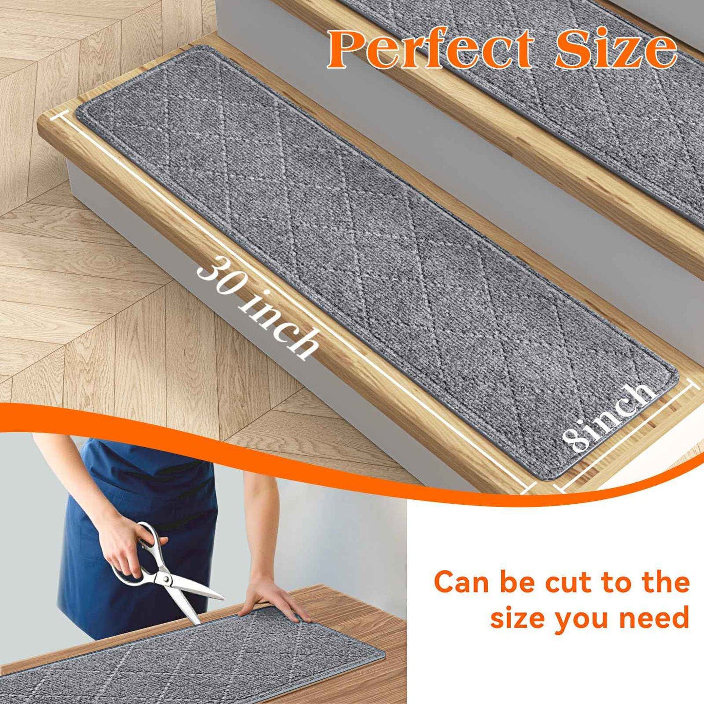 DailyCuddles Stair Treads for Wooden Steps 4 PCS - 8’’ x 30’’, Non Slip Stair Runner, Machine Washable Stair Rugs Strips for Kids Pets and Elderly, Indoor Carpet for Stairs (Grey)