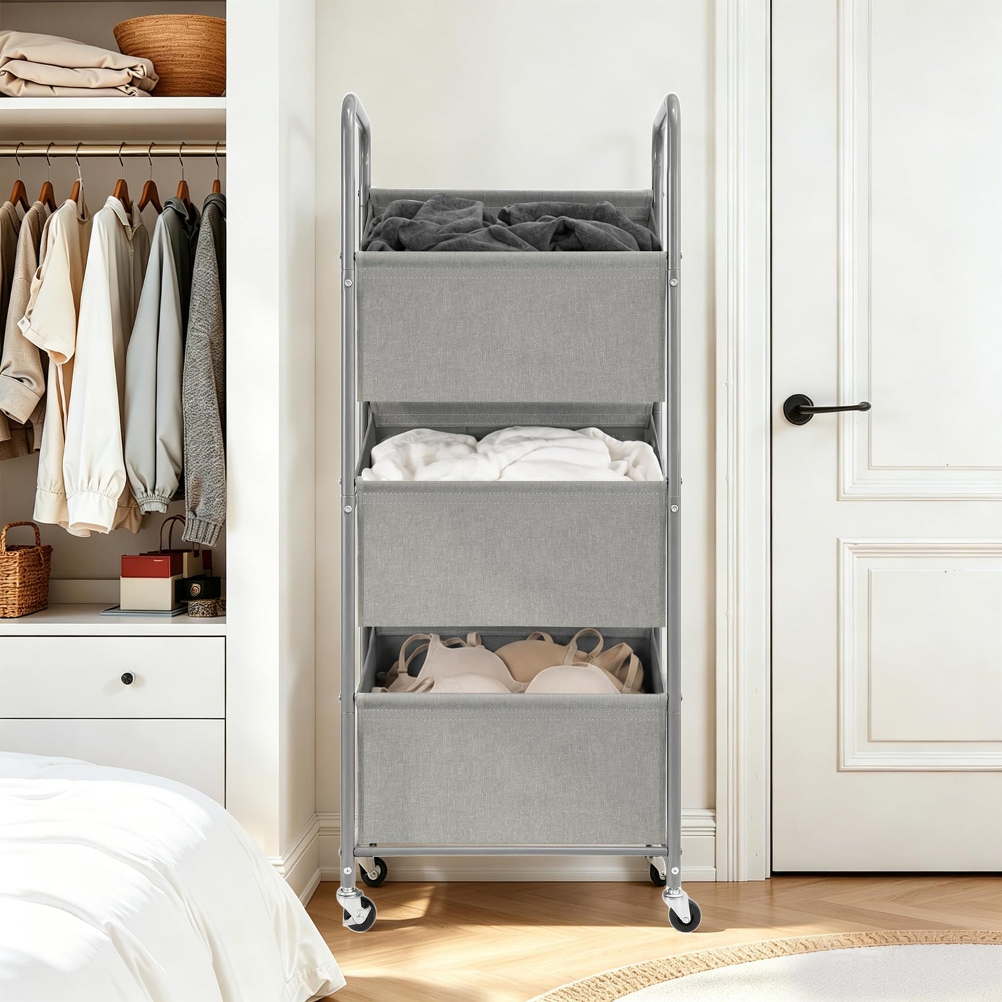 STO STO 3-Tier Vertical Rolling Laundry Hamper, Removable Bags, Gray Faric