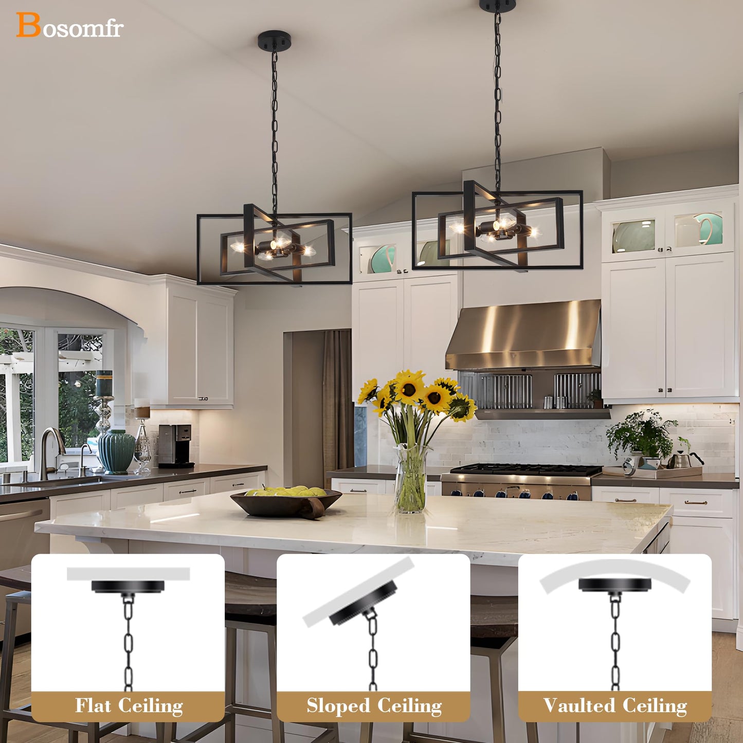 Bosomfr 19.7'' Modern Chandelier 4-Light, Black Farmhouse Light Fixture Cross Chandeliers for Dining Room Living Kitchen Island Bedroom Living,Rectangular Metal Industrial Hanging Ceiling Lighting