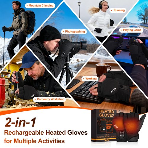 Heated Gloves for Men Women – 2 in 1 Full & Half Finger Design, Rechargeable Heated Fingerless Gloves with Touchscreen, Gifts for Christmas, Winter Hand Warmer for Work, Game, Cycling, Skiing, Large