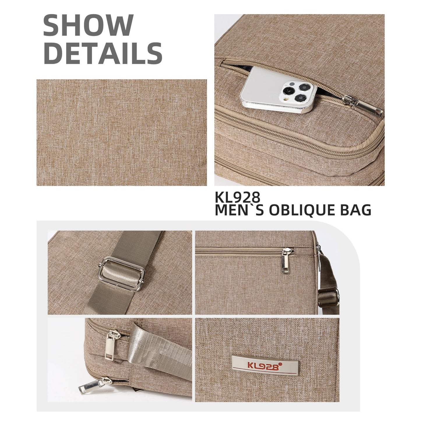 KL928 Men's Messenger Bag - Crossbody Shoulder Bags Travel Bag Man Purse Casual Sling Pack for Work Business (Khaki)