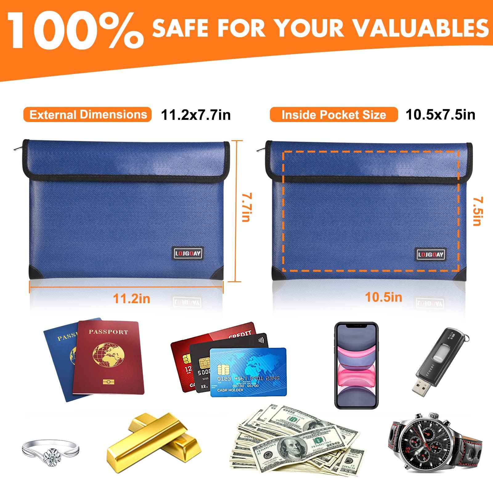 Fireproof Document Bag - with 5200°F Heat Insulated, Waterproof Fireproof Bag with Zipper, 8 Layers of Functional Materials, Fireproof Money Bag for Cash/Documents/Valuables, Fire bag 11"x7.7"