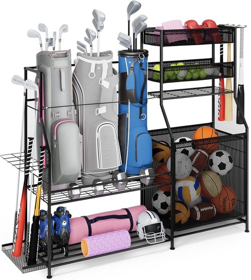 Garage Sports Equipment Organizer - Heavy-Duty Golf Bag Storage Stand with Basket & Hooks | Space-Saving Design for Indoor/Outdoor Use