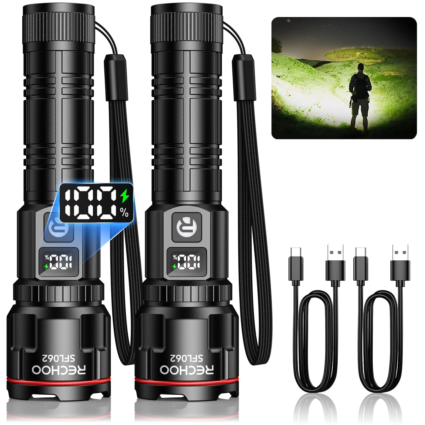 RECHOO Rechargeable Flashlights 2 Pack, Super Bright High Lumens LED Flashlight with LCD Digital Display, 3 Lighting Modes & Zoomable Torch Lights for Home Camping Hunting Emergency